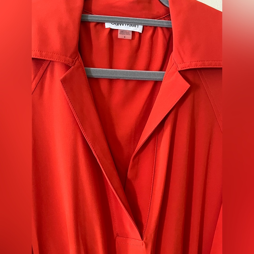 Calvin Klein Vibrant Reddish Orange Midi Dress with Waist Tie Women’s Size 4 - Picture 2 of 16
